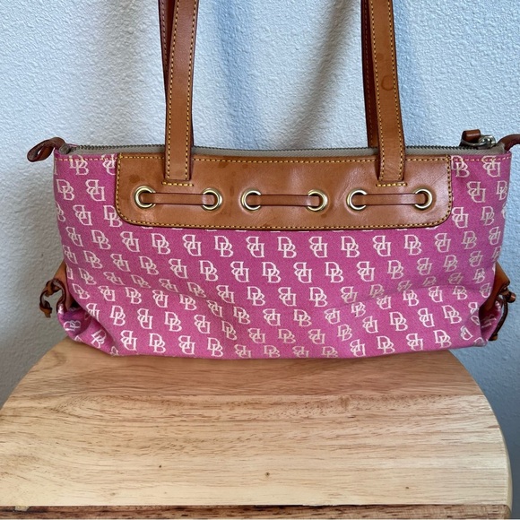 Vintage Dooney & Bourke Pink Monogram Satchel Canvas Tassel Handbag - Picture 6 of 15
